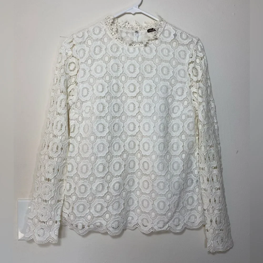 J. McLaughlin Loni Floral Eyelet Crochet Long Sleeve Blouse White Sz XS - Picture 2 of 11